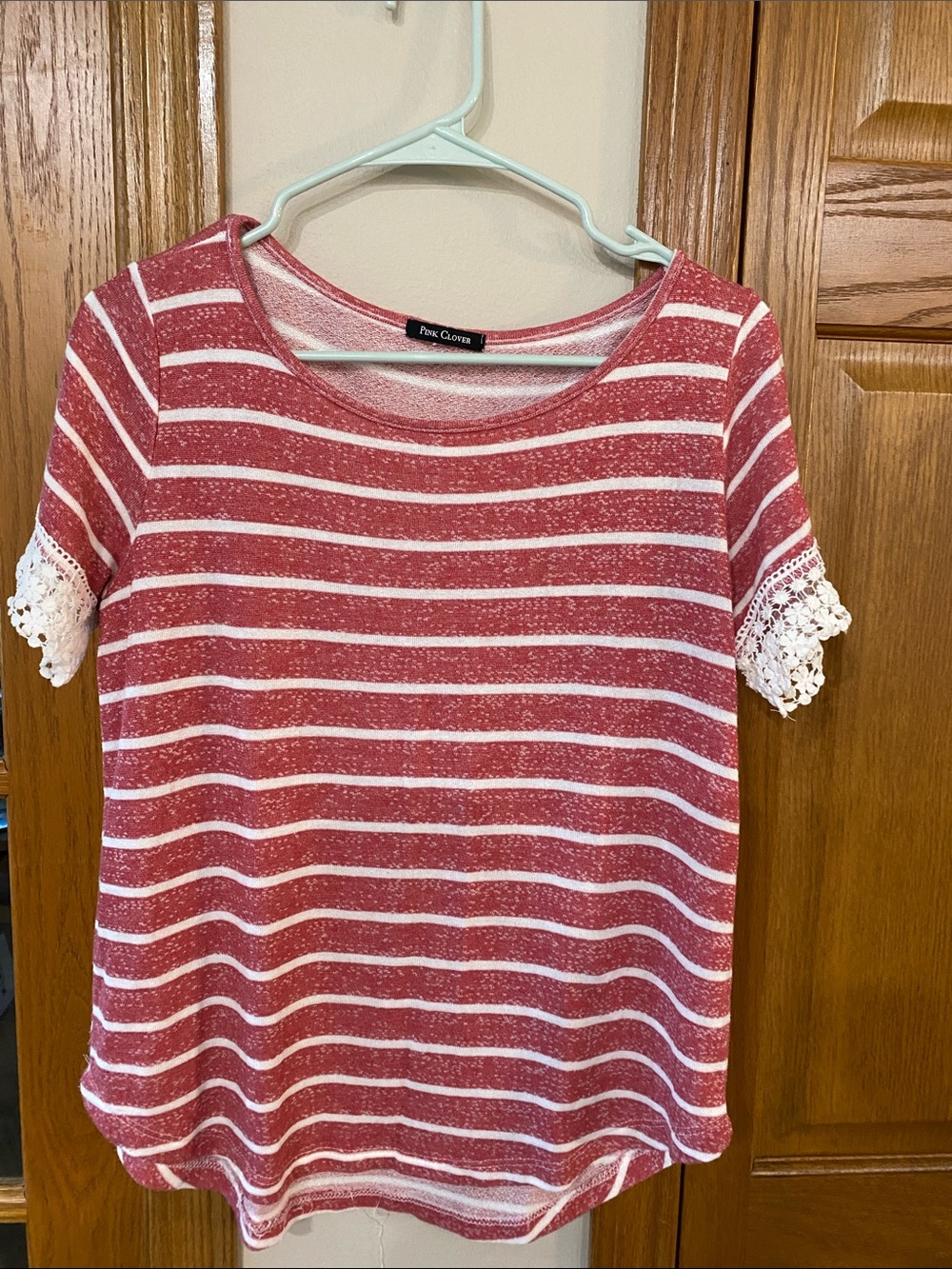 Pink Clover Red & White Striped Short Sleeve Tee with Lace Trim